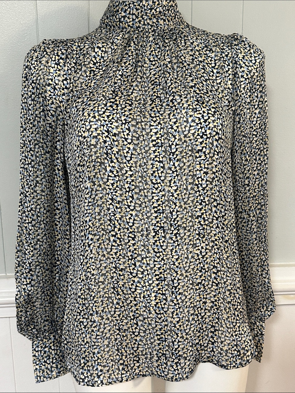 H&M Navy, White & Cream High-Neck Floral Blouse